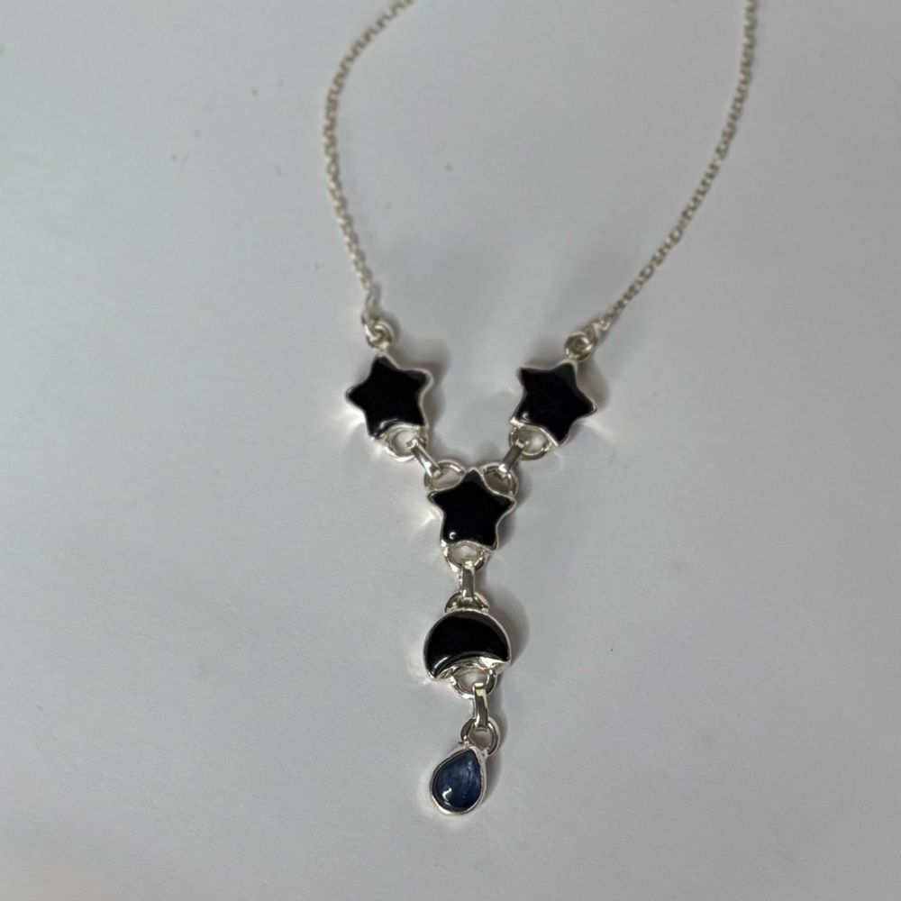 Black Onyx & Kyanite Natural Gemstone Sterling Silver Necklace 18-22 Inches